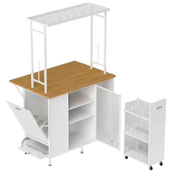 White Wood 43.3 in. Kitchen Island with Storage Space Folding Flip-Up Panel, Large Storage Shelves and Drawers and Hooks