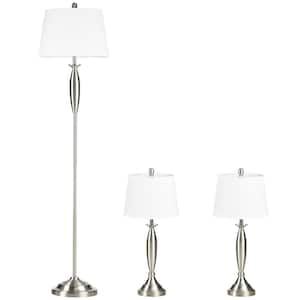 63.75 in. Silve Table and Floor Lamp Set with Linen Lampshade and Steel Base (Set of 3), Bulb not Included
