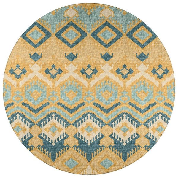 Yuma Yellow 8 ft. x 8 ft. Geometric Indoor/Outdoor Washable Area Rug