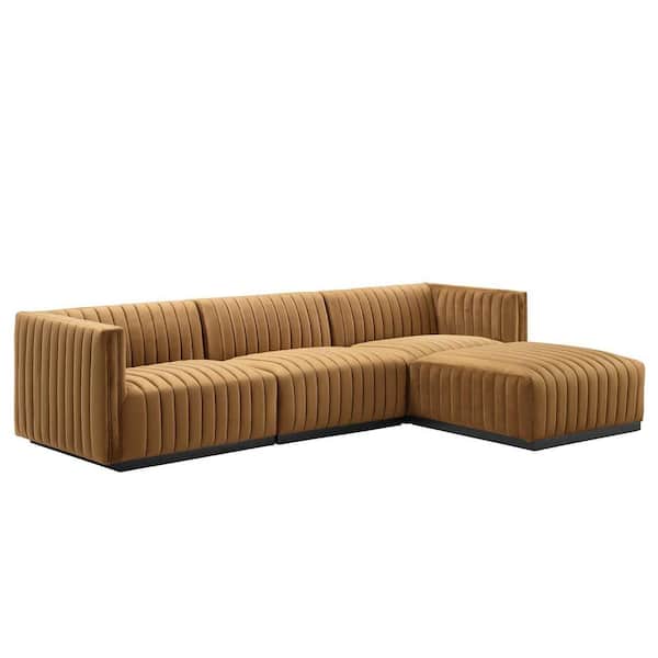 MODWAY Conjure 109.5 in. In Black Cognac Brown with Ottoman W 4-Piece Channel Tufted Performance Velvet Sectional Sofa