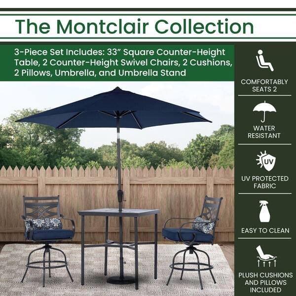 Hanover Montclair 3 Piece Steel Outdoor Dining Set with Navy Blue