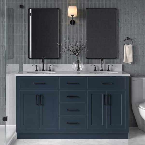ARIEL Hepburn 61 in. W x 22 in. D x 35.25 in. H Bath Vanity in Blue with Carrara Marble Vanity Top in White with White Basins