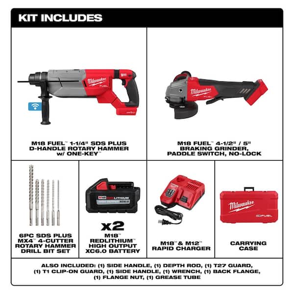 M18 FUEL ONE-KEY 18V Lith-Ion Brushless Cordless 1-1/4 in. SDS-Plus Rotary Hammer w/(2) 6.0 Ah Bat & Drill Bit Set