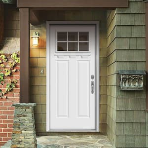 36 in. x 80 in. 6 Lite Craftsman White Painted Steel Prehung Left-Hand Inswing Front Door w/Brickmould and Shelf