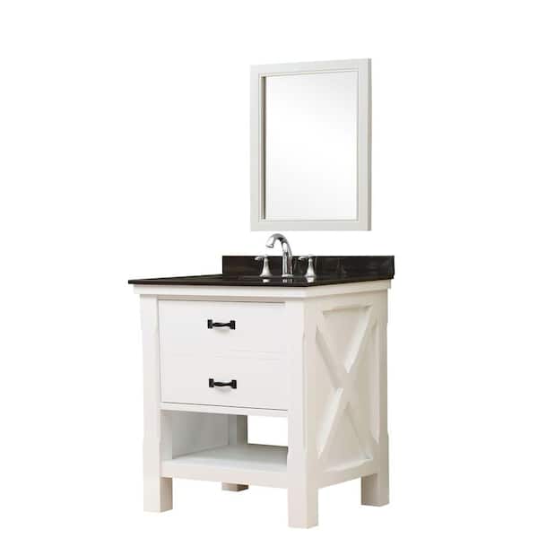 Direct vanity sink Xtraordinary Spa 32 in. Vanity in White with Granite Vanity Top in Black with White Basin and Mirror