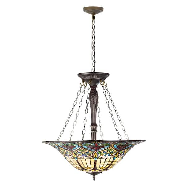 25 in. 3-Light Bronze Stained Glass Pendant Light Chandelier with Multicolor Bowl Shade