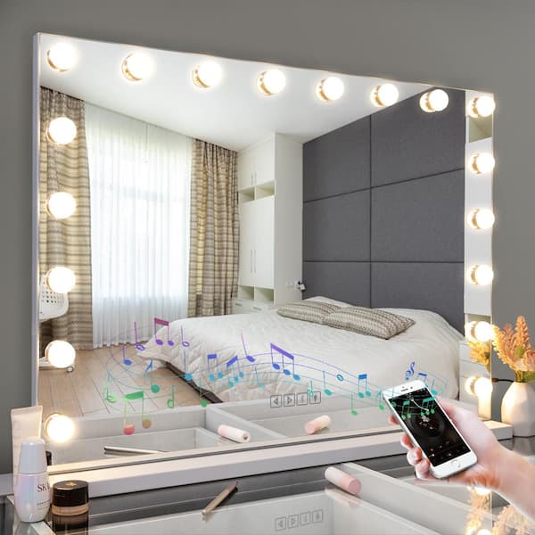 VANITII GLOBAL 32 in. W x 23 in. H Large Rectangular Framed Bluetooth LED Bulb Hollywood Tabletop Bathroom Makeup Mirror in White