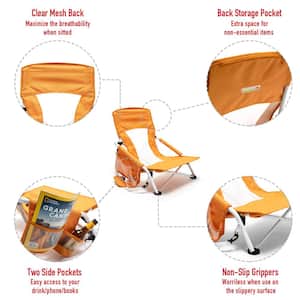 2-Piece Orange Metal Patio Folding Beach Chair Lawn Chair Camping Chair with 2-Side Pockets and Built-in Shoulder Strap