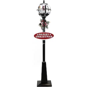 69 in. Black Christmas Musical Snow Globe Lamp Post with Santa Scene, 2 Signs, Cascading Snow and Christmas Carols