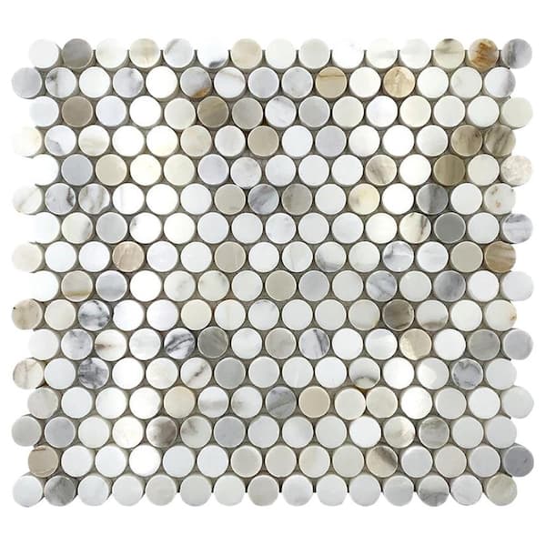 Marmor 12 in. x 12 in. Polished White Calacatta Marble Gold Penny round Mosaic Wall and Floor Tile(5sq. ft./case)-5pack