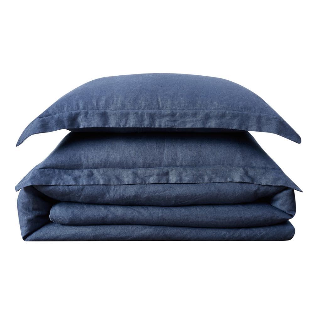 Navy Full/Queen Linen 3-Piece Duvet Cover Set