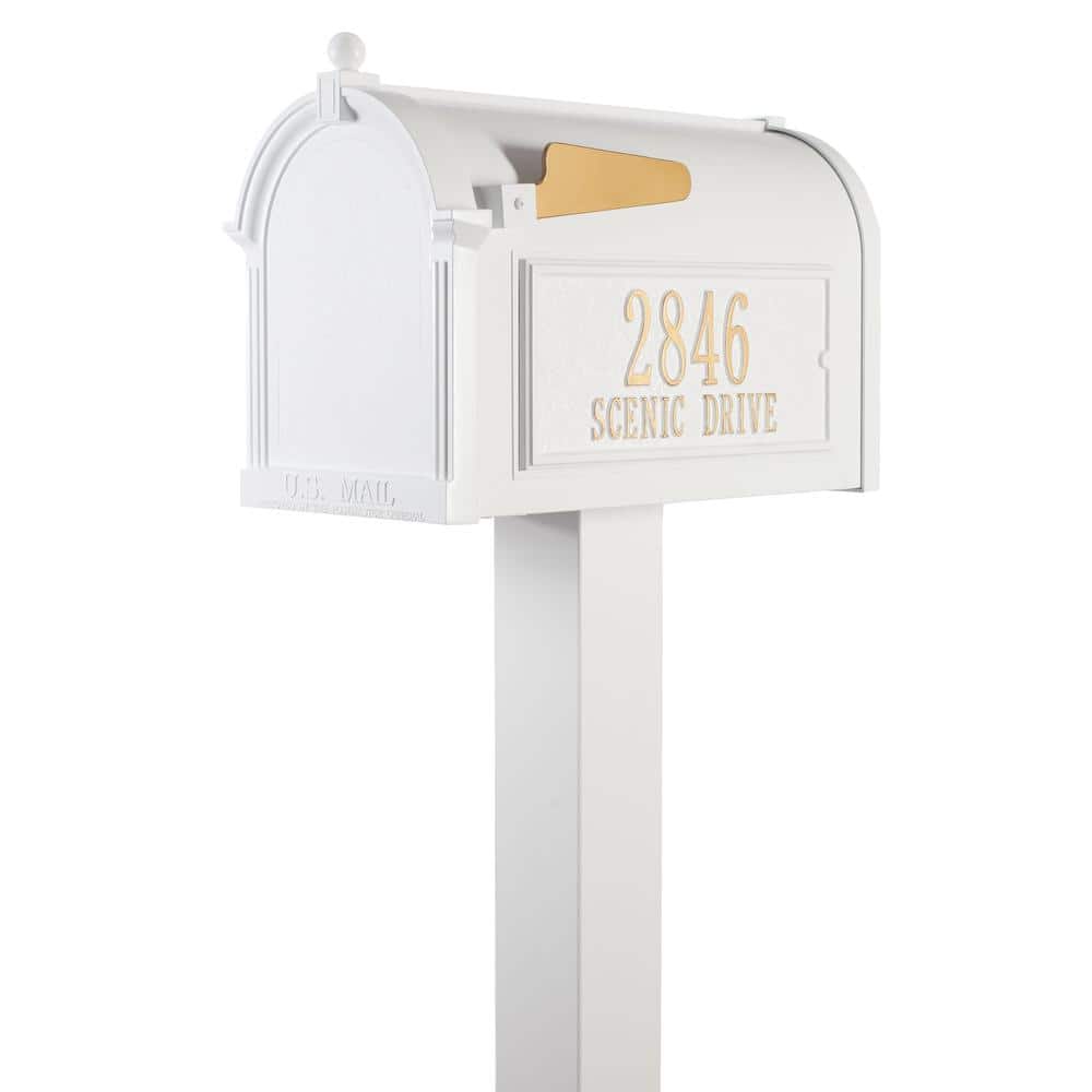 Premium White Aluminum Streetside Mailbox with Gold Text
