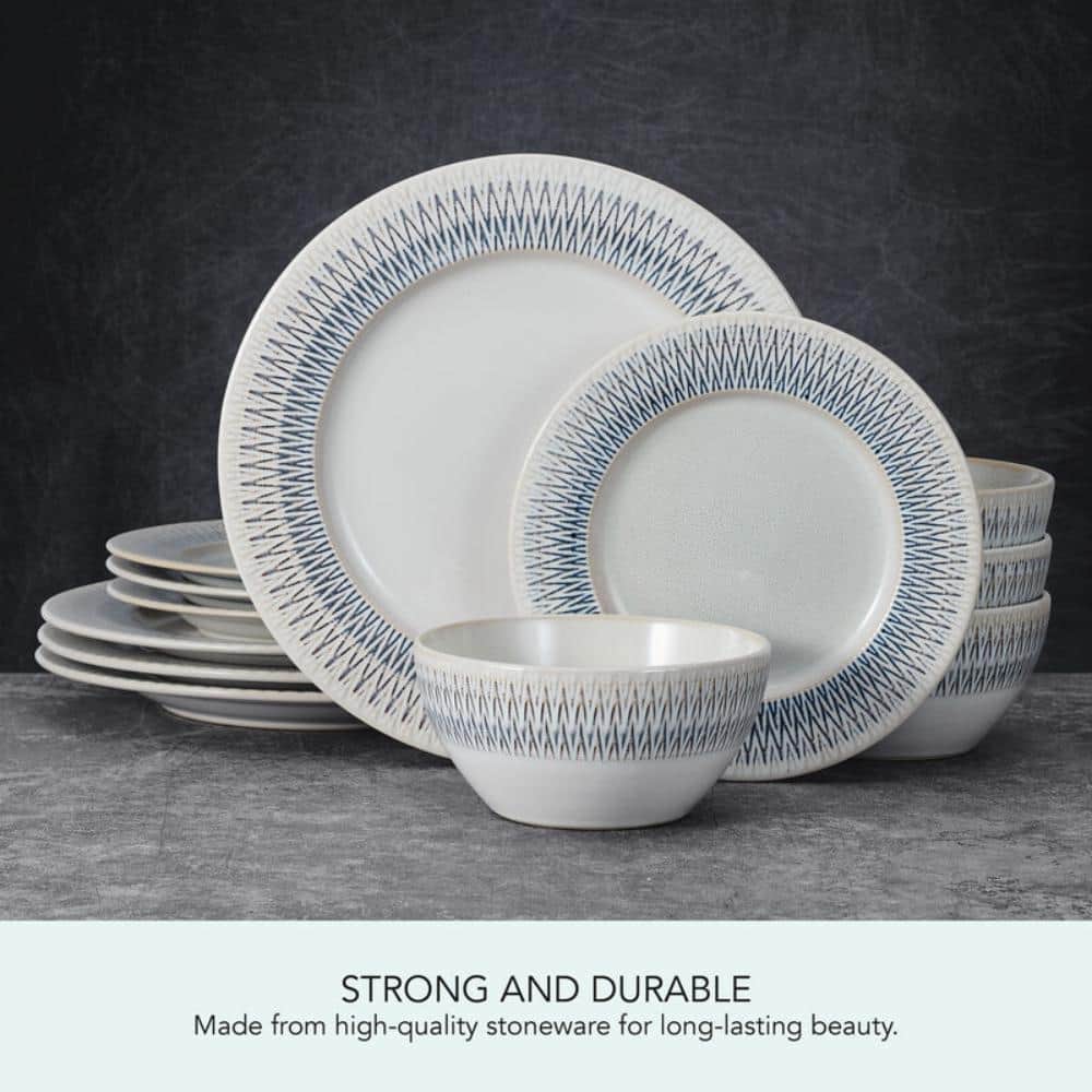 Casey White and Blue Ceramic 12-Piece Dinnerware Set