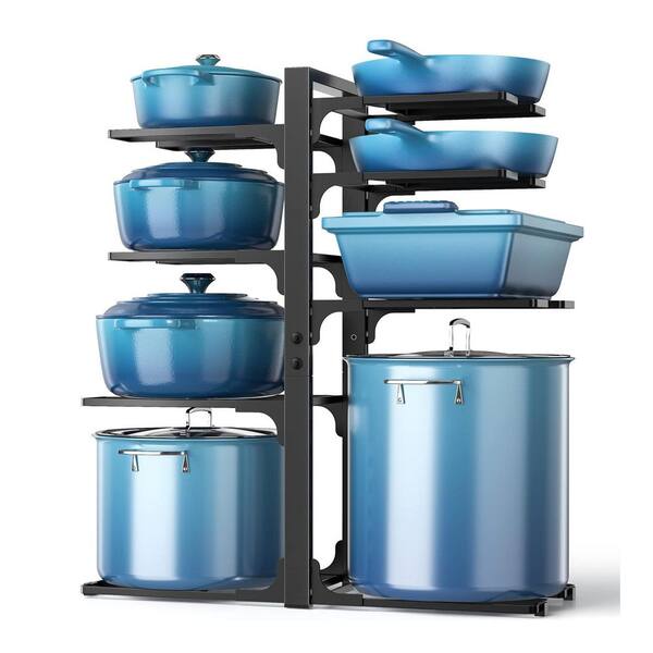 8-Tier Black Metal Heavy Duty Adjustable Pot and Pan Organizer Rack with Reinforced Frame for Cabinet Storage