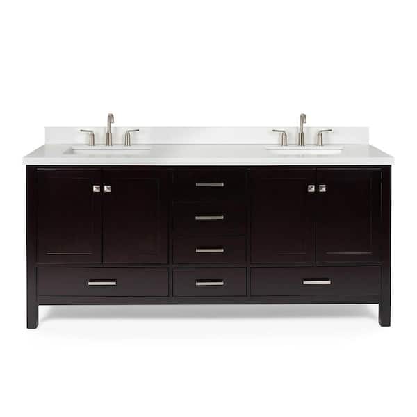 Cambridge 72 in. Double Sink Freestanding Bathroom Vanity in Espresso with Pure White Quartz Top
