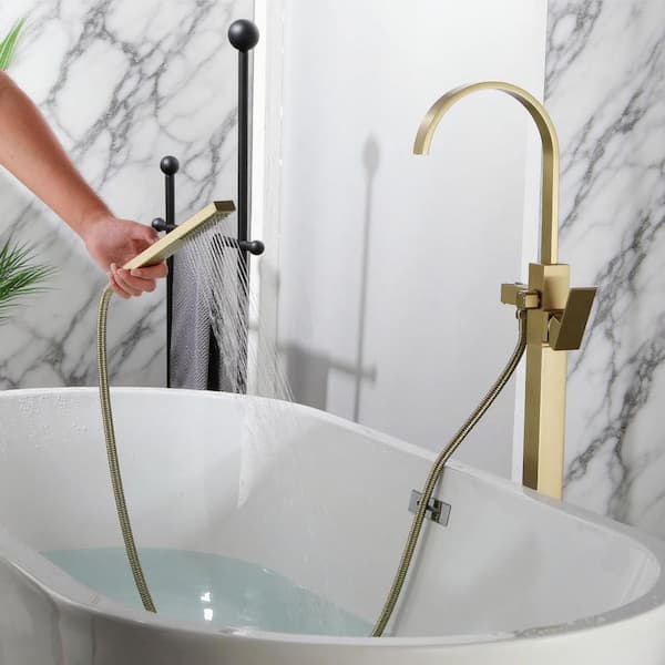 Vara 1-Handle 45.28 in. H Freestanding Tub Faucet with Hand Shower and 360° Swivel Spout in Brushed Gold