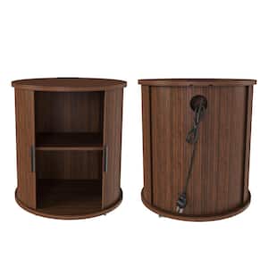2-Piece 24 in. W Walnut Cylinder Wood End Table, Nightstand, Side Table Built-in Charging Station, Sliding Door USB Port