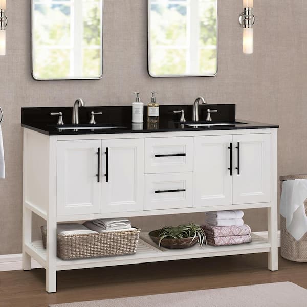 Sunjoy Avida 60 In W X 22 05 In D X 35 75 In H White Bathroom Vanity With Black Galaxy Granite Vanity Top And Double Basin The Home Depot