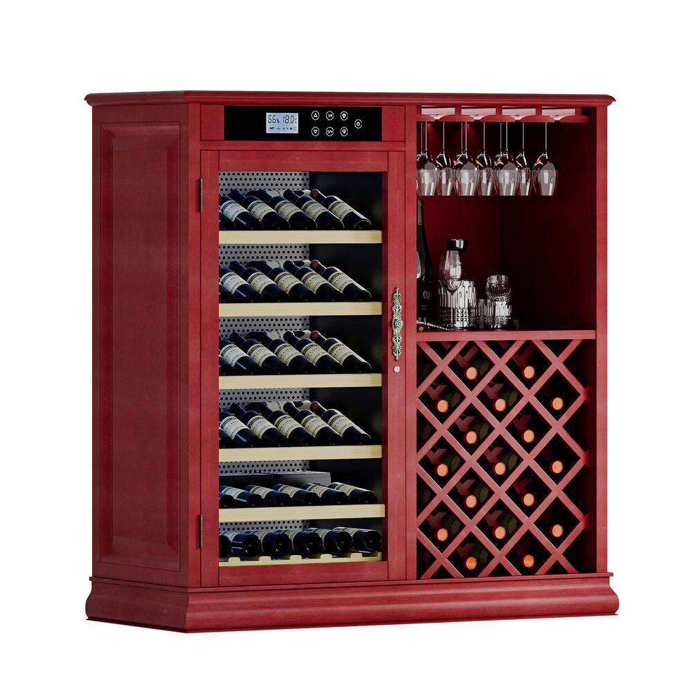 48.8" Cherry Red Wood Wine Cabinet with Cooler, Freestanding Bar Storage with Diamond Rack and Digital Display