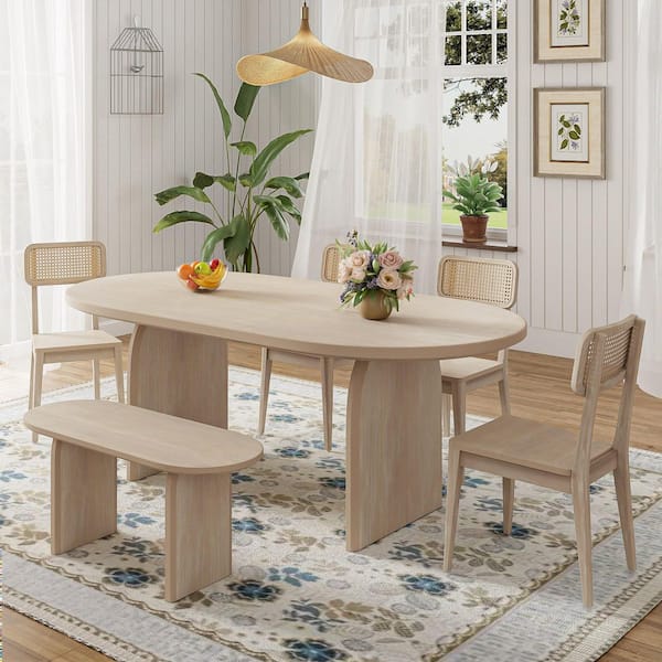6-Piece Oval Natural Wood Top Dining Table Seats 6 with 4 Rattan Backrests, Bench