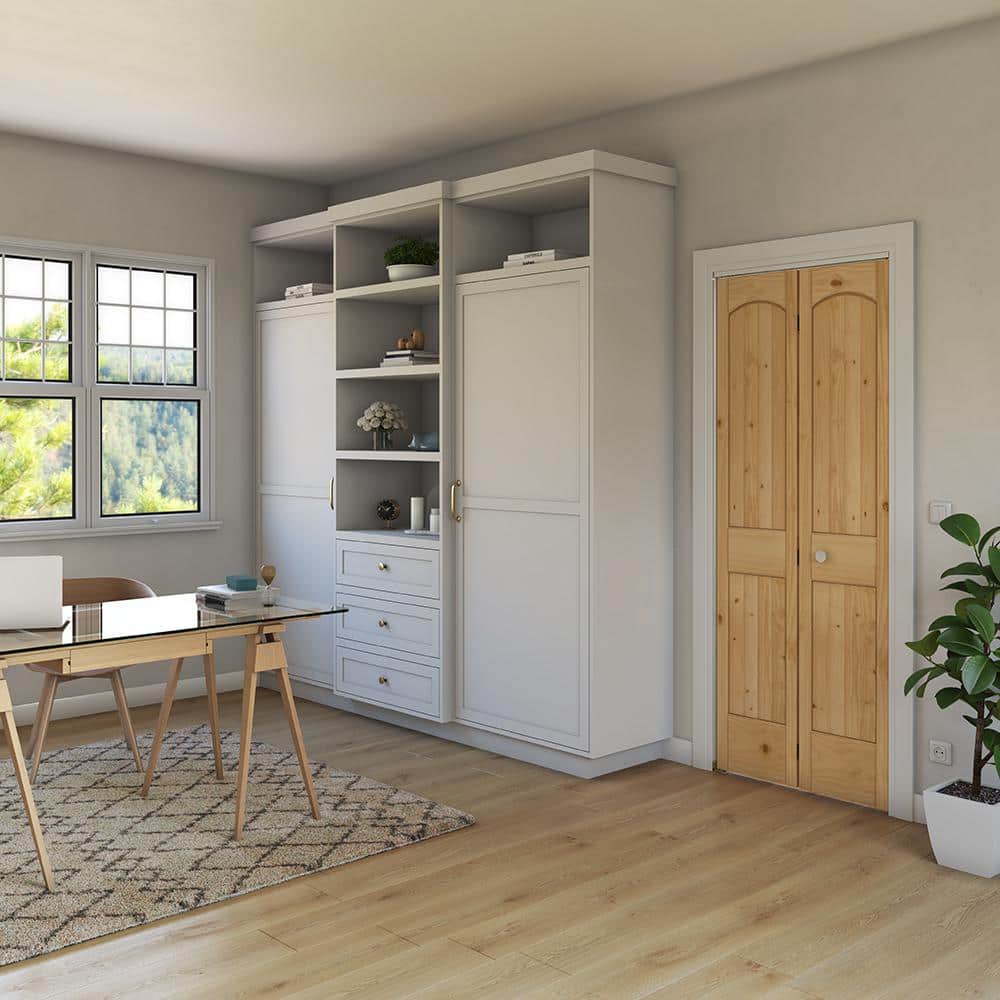 Natural Unfinished Pine Wood 2-Panel Arch Top Bifold Door with Brass Hardware