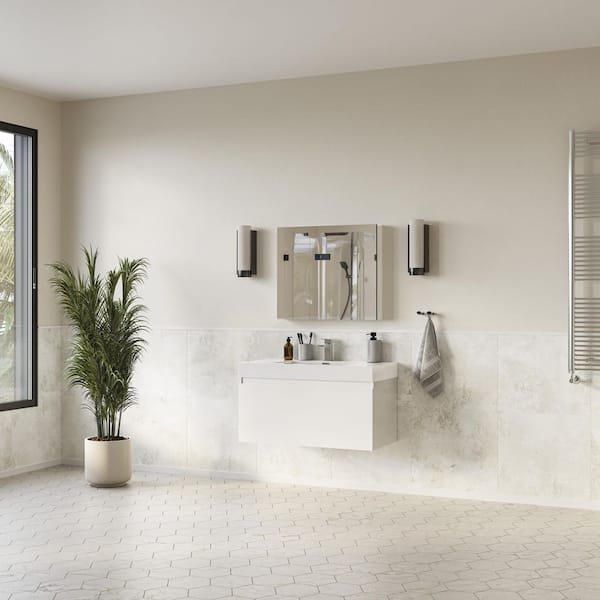 Mezzo 36 in. Vanity in White with Acrylic Vanity Top in White with White Basin and Mirrored Medicine Cabinet