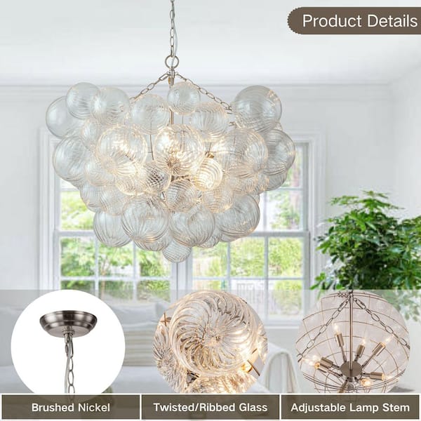Neuvy 8-Light 33 in. W Nickel Chandelier with Swirled-Glass Orb Cluster Bubble Ribbed Glass Chandelier for Living Room