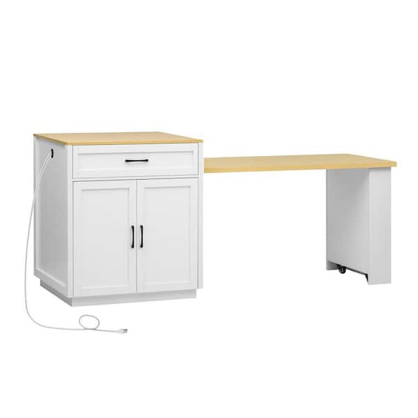 White Oak MDF Kitchen Cart with Extended Table and Power Outlet