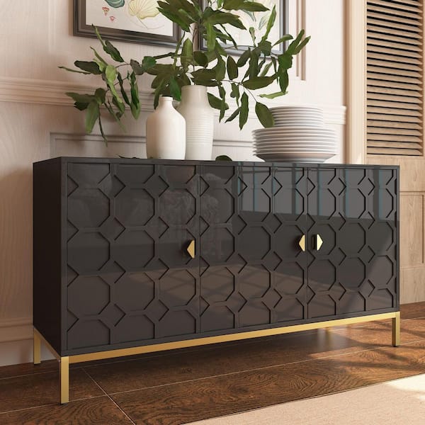 Modern Black 26.22 in. H 3-Door Storage Cabinet with Honeycomb Pattern, Adjustable Shelves and Gold Metal Legs