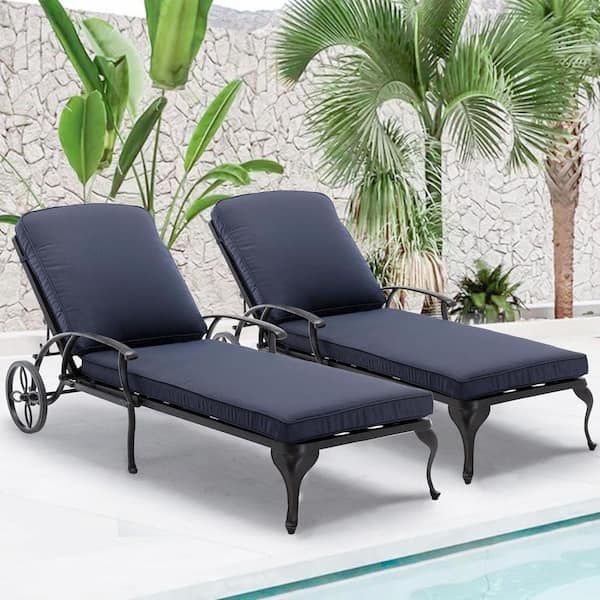 78.75 in. L Aluminum Chaise Lounge Outdoor Chair with Wheels Adjustable Reclining and Navy Blue Cushion (2-Pack)