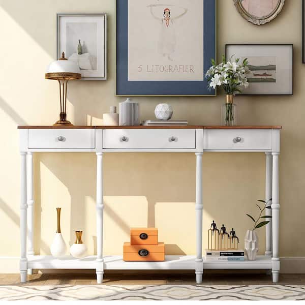 URTR 58 in.White Rectangle Solid Wood Narrow Console Table, Entryway Table With Three Drawers and Storage Shelf for Hallway