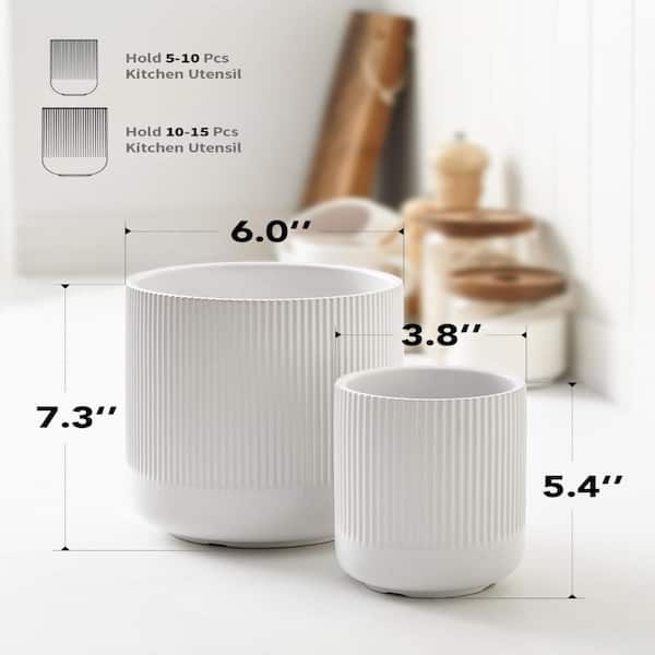 White Ceramic Kitchen Utensil Holder Set with Two Sizes for Countertop Organization