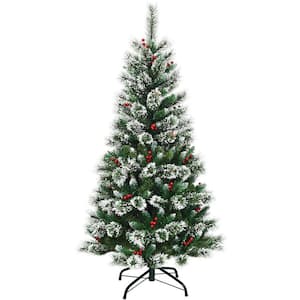 5 ft. Unlit Snow Flocked Artificial Christmas Tree Hinged Pine Tree with Red Berries