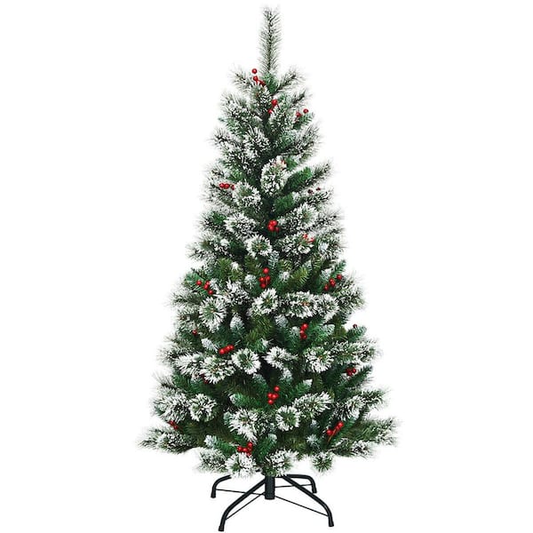 Gymax 5 ft. Unlit Snow Flocked Artificial Christmas Tree Hinged Pine Tree with Red Berries