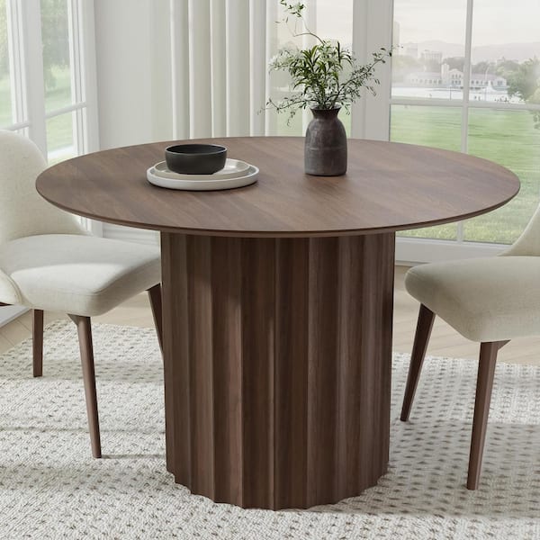 Lirago Round Walnut Wood 46 in. Column Base Dining Table Seats 4