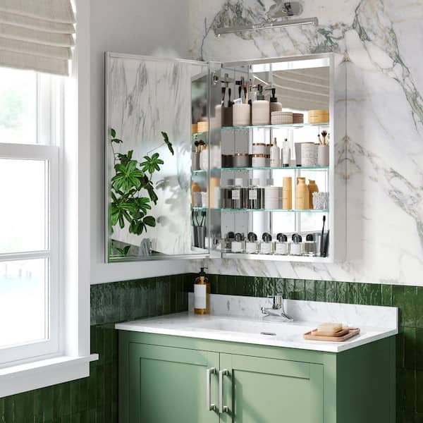 WYonder 20 in. W x 30 in. H Rectangular Aluminum Recessed/Surface Mount (Reversible) Medicine Cabinet with Mirror