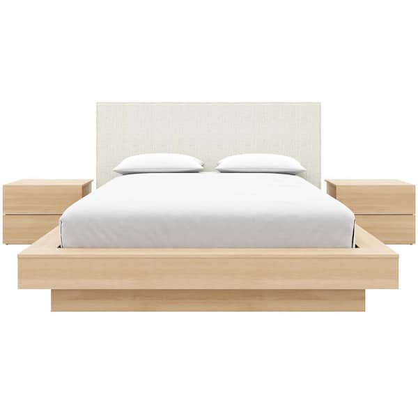 Julian 4-Piece Natural Blonde Oak Wood Queen Size Bedroom Set with Upholstered Headboard
