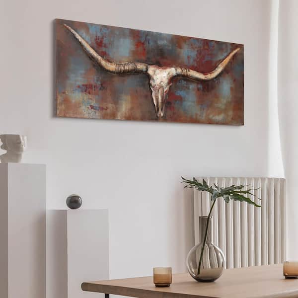 48 in. x 20 in. "Long Horn" Mixed Media Iron Hand Painted Dimensional Wall Art