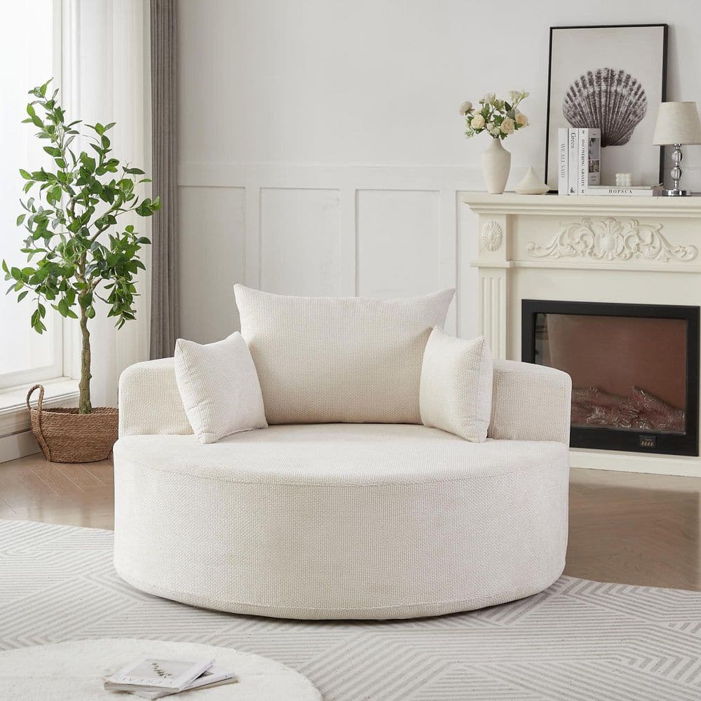 55 in. Wide Rounded Arm Chenille Round Single Sofa in White with