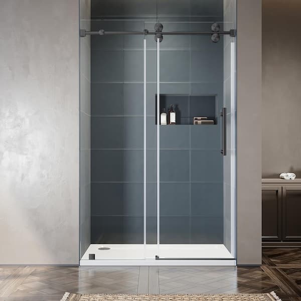 UNIKOO UKS04 50 to 55 in. W x 76 in. H Sliding Frameless Shower Door in Space Gray, EnduroShield 3/8 in. SGCC Clear Glass