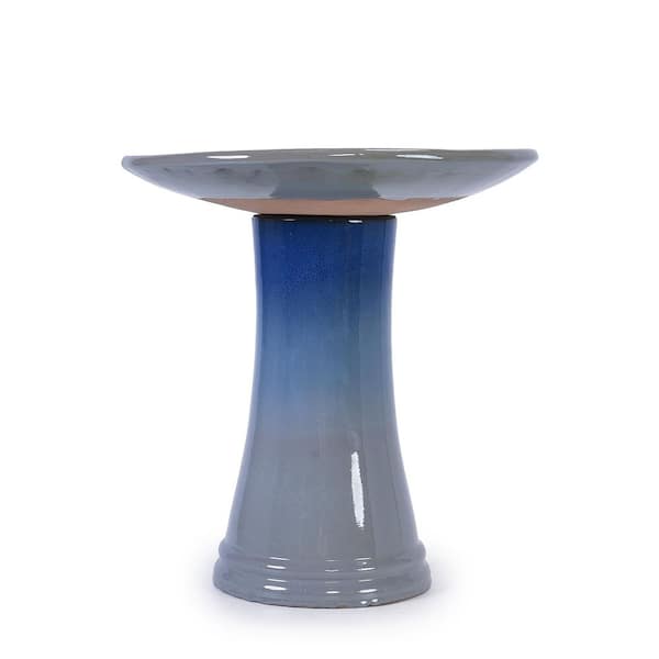 17 in. Ceramic Birdbath for Patio, Garden-Blue Ombre