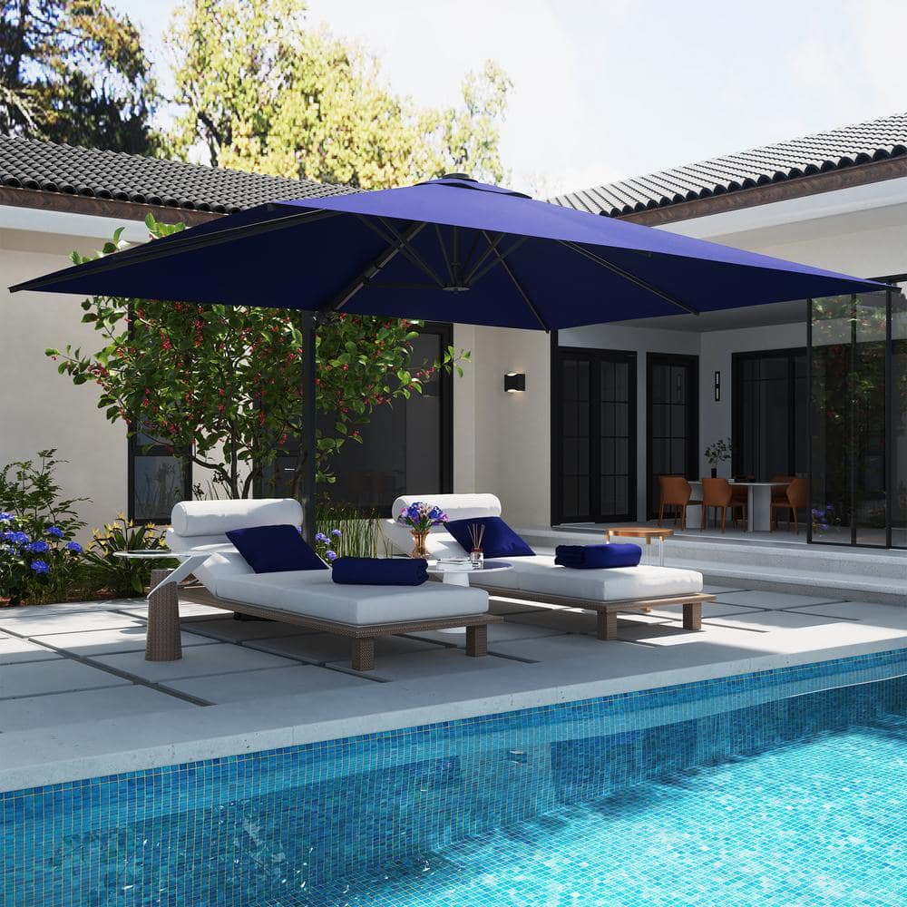 Navy Blue Rectangular Cantilever Patio Umbrella with LED Light and Stand
