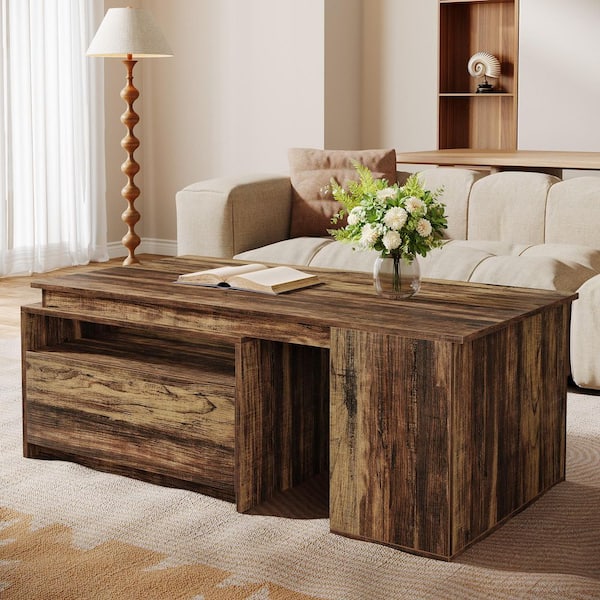 BYBLIGHT 47 in. Brown Rectangle Wood Extendable Coffee Table, 47
