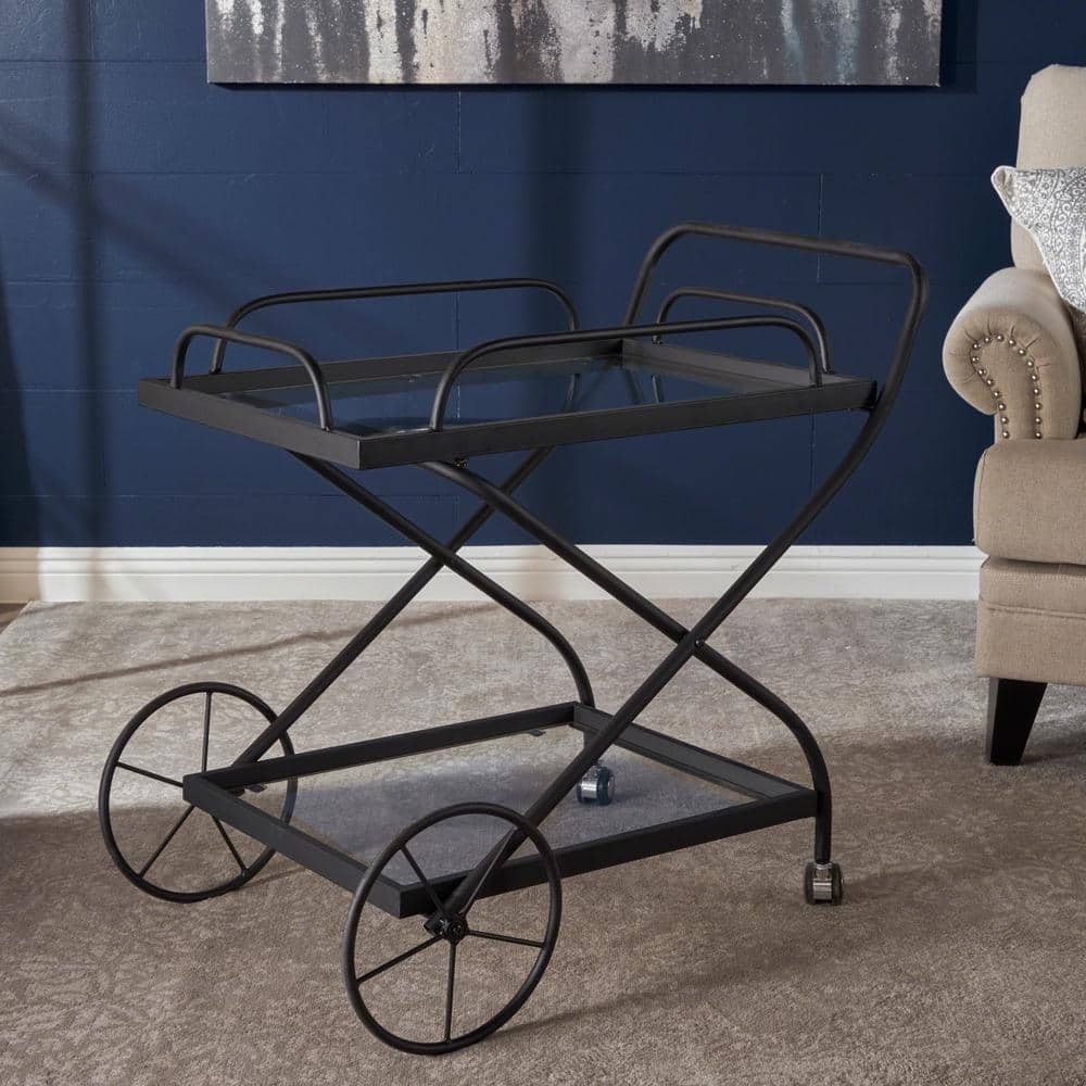 Perley Black Bar Cart with Tempered Glass Shelves