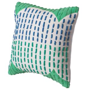 16 in. x 16 in. Green Handwoven Cotton Throw Pillow Cover with Ribbed Line Dots and Wave Border