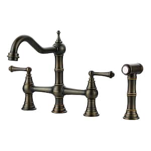 Classic Double Handle Solid Brass Bridge Kitchen Faucet with Side Sprayer in Antique Bronze