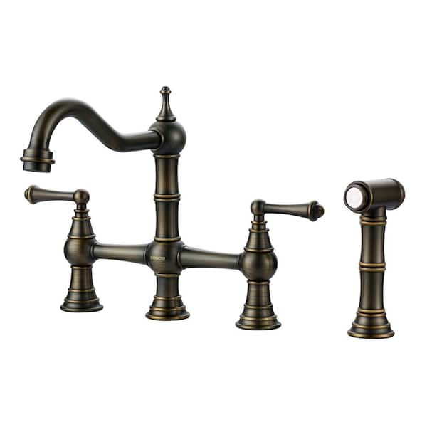 WOWOW Classic Double Handle Solid Brass Bridge Kitchen Faucet with Side Sprayer in Antique Bronze