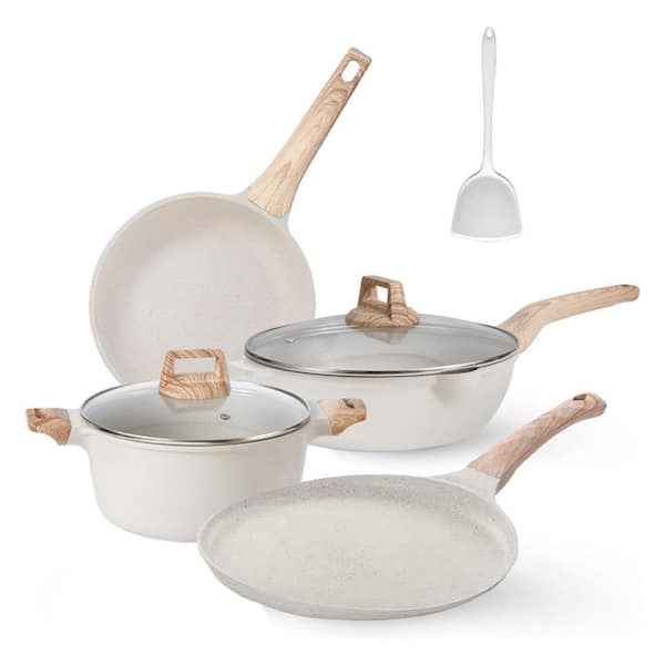 7-Piece White Nonstick Granite Cookware Set Die-Cast Aluminum Induction Compatible with Saucepan Frying Crepe Pan
