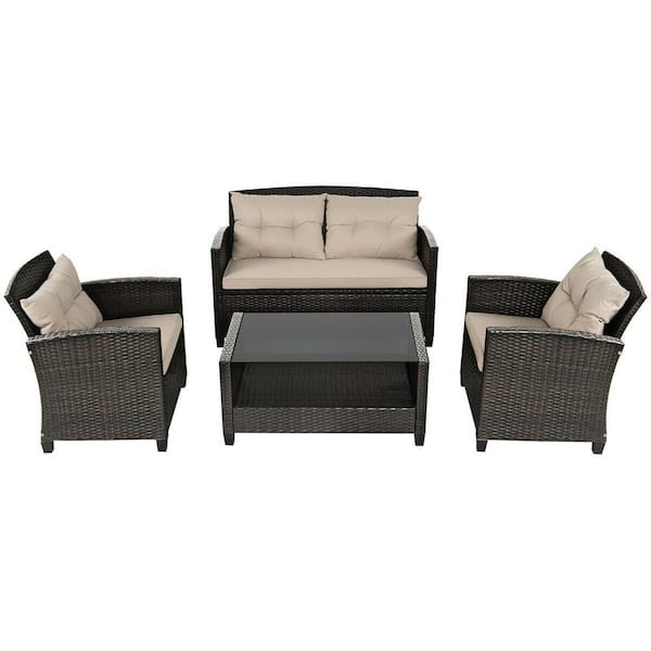 ANGELES HOME 4-Piece Outdoor Wicker Rattan Patio Conversation Set