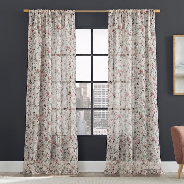 SCOTT LIVING Jessa Watercolor Floral Linen Blend 52 in. W x 96 in. L Sheer Rod Pocket Curtain Panel in Rosette